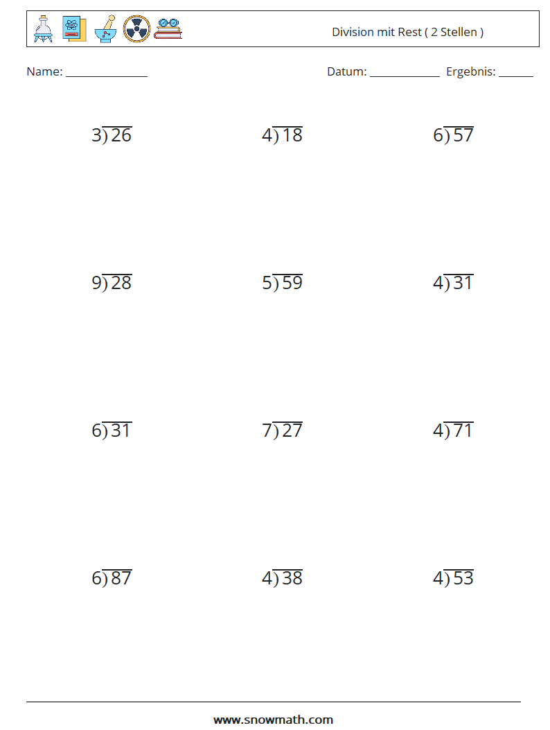 (12) Division mit Rest ( 2 Stellen ) Mathe-Arbeitsblätter 2