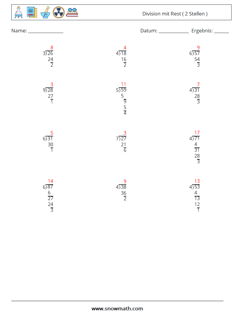 (12) Division mit Rest ( 2 Stellen ) Mathe-Arbeitsblätter 2 Frage, Antwort