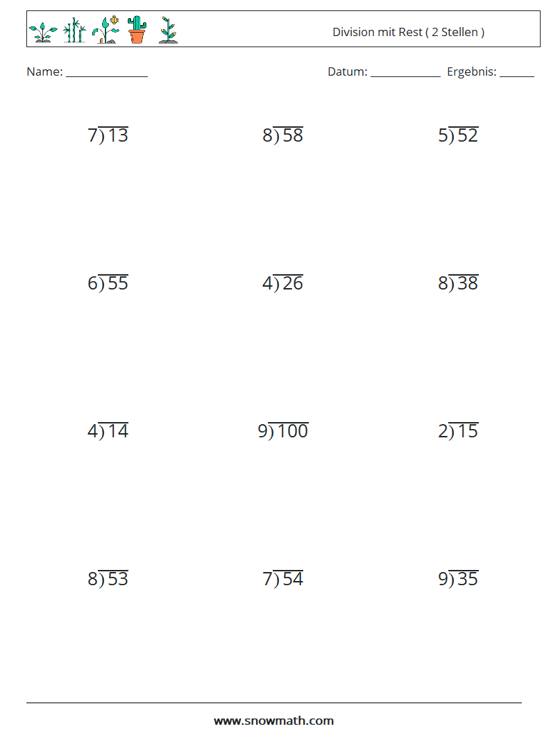 (12) Division mit Rest ( 2 Stellen ) Mathe-Arbeitsblätter 5