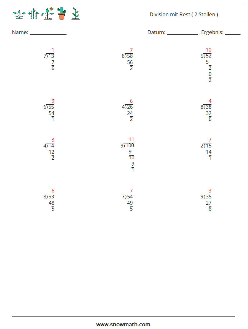 (12) Division mit Rest ( 2 Stellen ) Mathe-Arbeitsblätter 5 Frage, Antwort