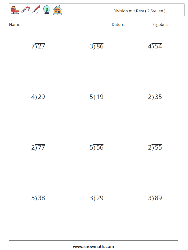 (12) Division mit Rest ( 2 Stellen ) Mathe-Arbeitsblätter 6