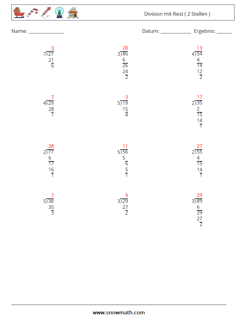 (12) Division mit Rest ( 2 Stellen ) Mathe-Arbeitsblätter 6 Frage, Antwort