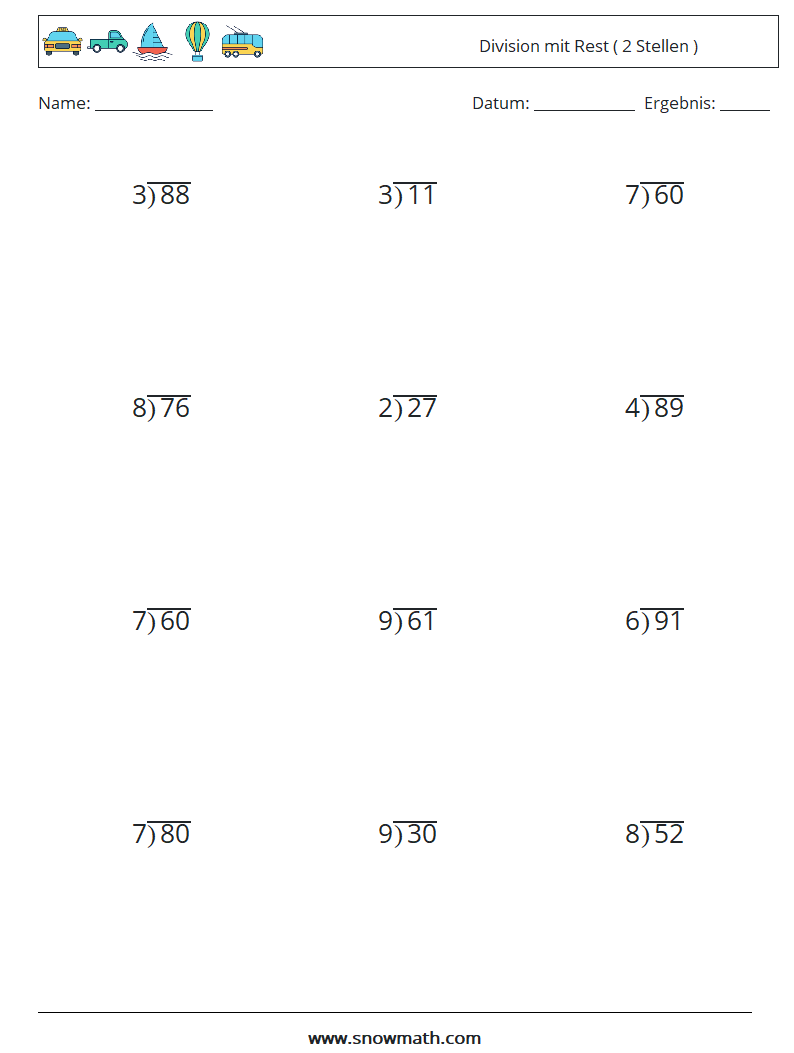 (12) Division mit Rest ( 2 Stellen ) Mathe-Arbeitsblätter 7