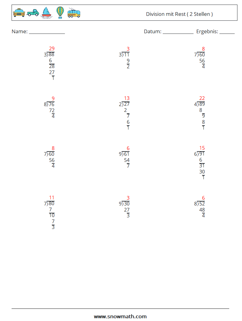 (12) Division mit Rest ( 2 Stellen ) Mathe-Arbeitsblätter 7 Frage, Antwort