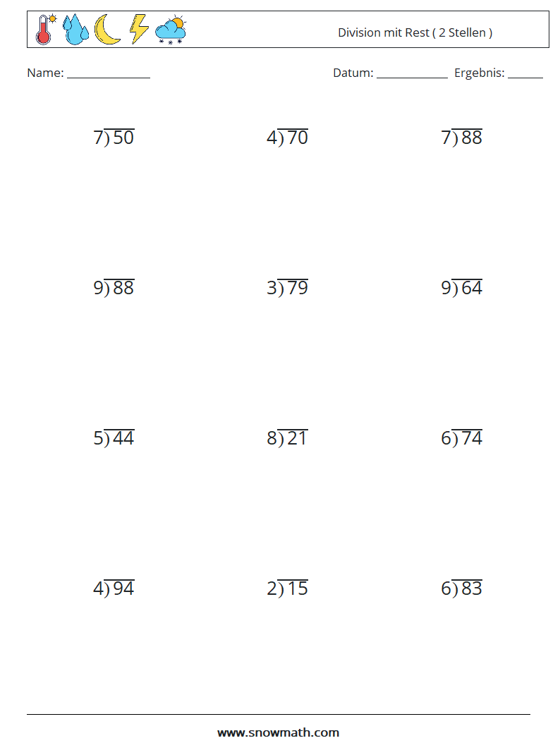 (12) Division mit Rest ( 2 Stellen ) Mathe-Arbeitsblätter 9