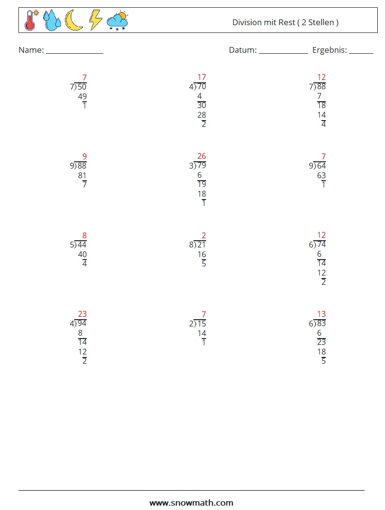 (12) Division mit Rest ( 2 Stellen ) Mathe-Arbeitsblätter 9 Frage, Antwort