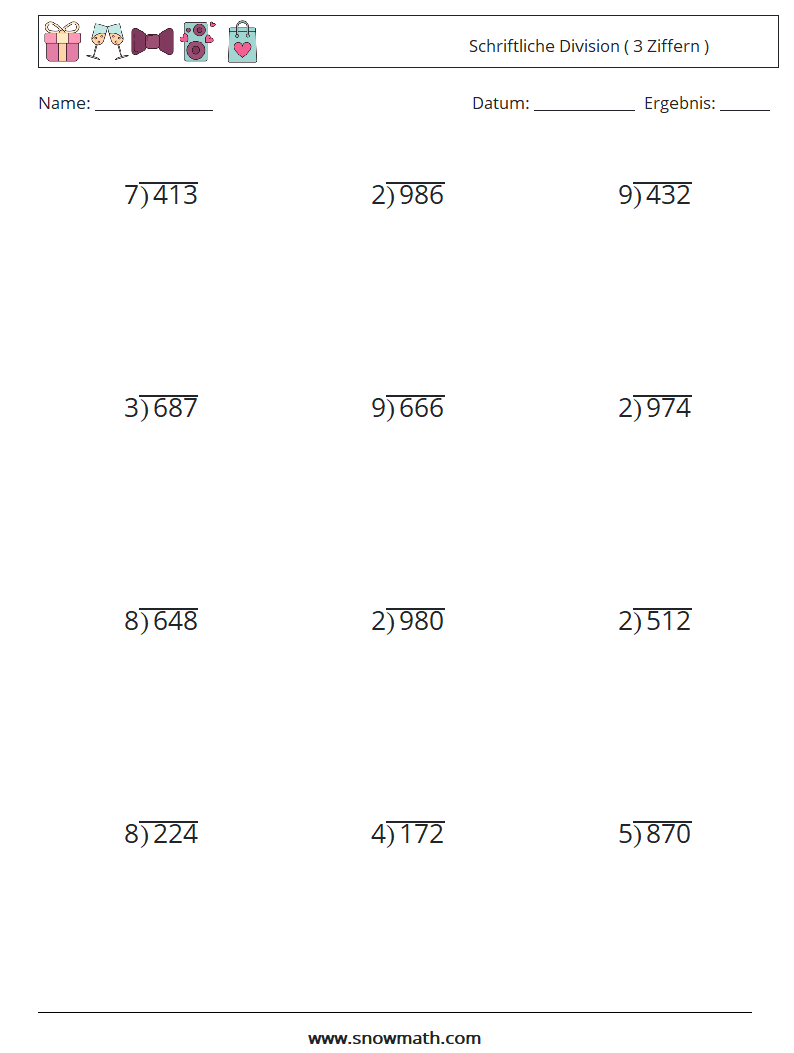 (12) Schriftliche Division ( 3 Ziffern ) Mathe-Arbeitsblätter 10