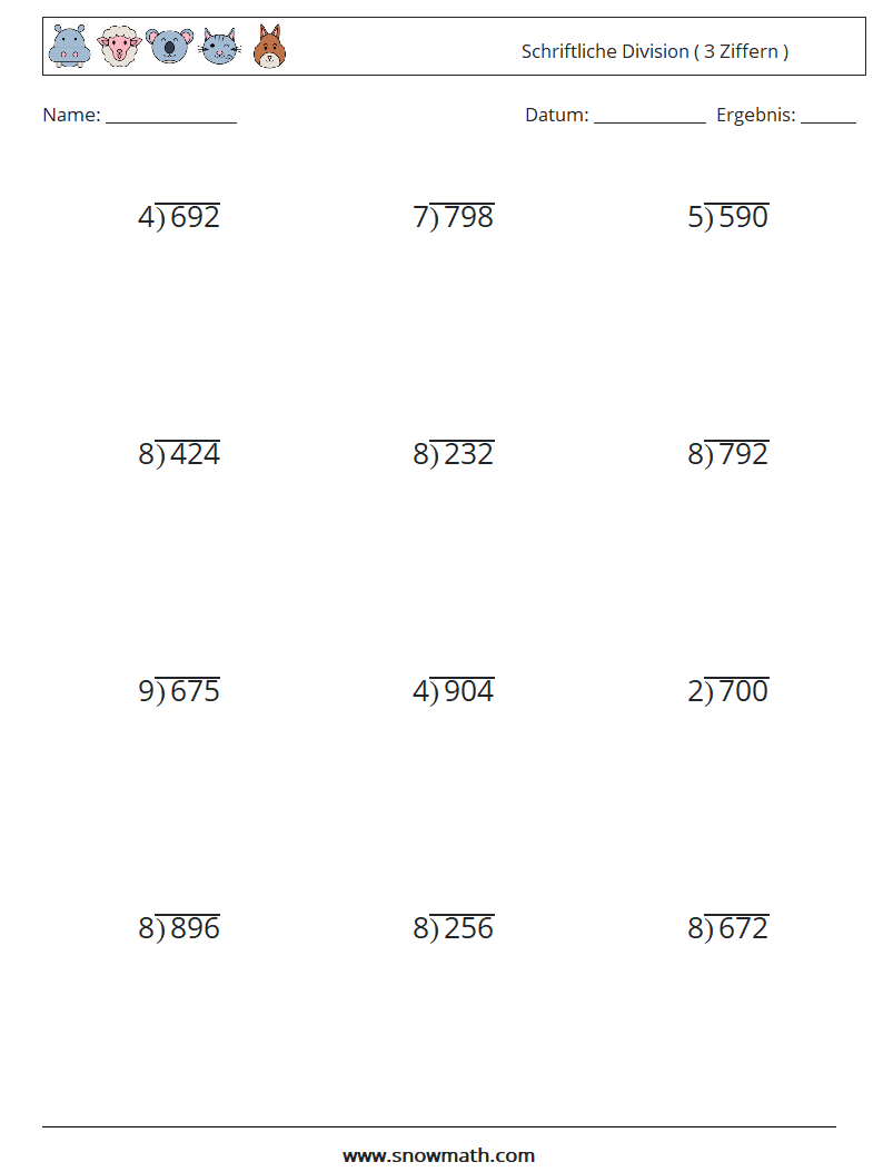 (12) Schriftliche Division ( 3 Ziffern ) Mathe-Arbeitsblätter 11