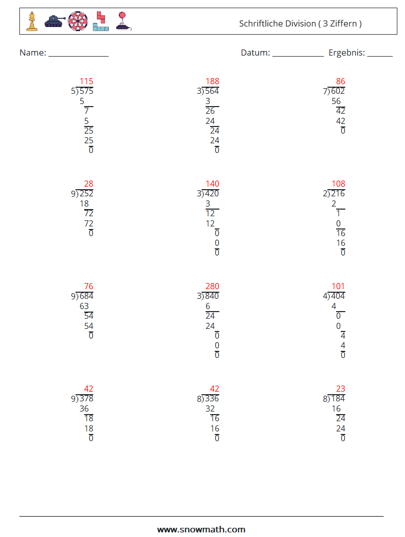 (12) Schriftliche Division ( 3 Ziffern ) Mathe-Arbeitsblätter 13 Frage, Antwort