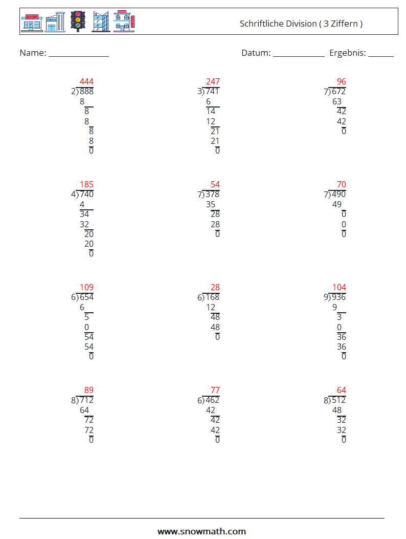 (12) Schriftliche Division ( 3 Ziffern ) Mathe-Arbeitsblätter 14 Frage, Antwort
