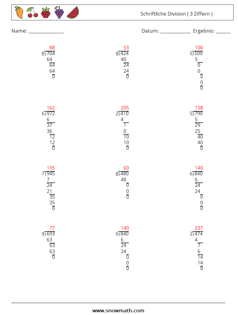 (12) Schriftliche Division ( 3 Ziffern ) Mathe-Arbeitsblätter 15 Frage, Antwort