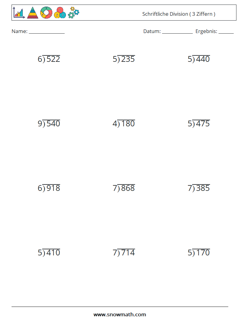 (12) Schriftliche Division ( 3 Ziffern ) Mathe-Arbeitsblätter 16