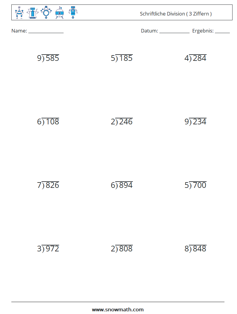 (12) Schriftliche Division ( 3 Ziffern ) Mathe-Arbeitsblätter 17