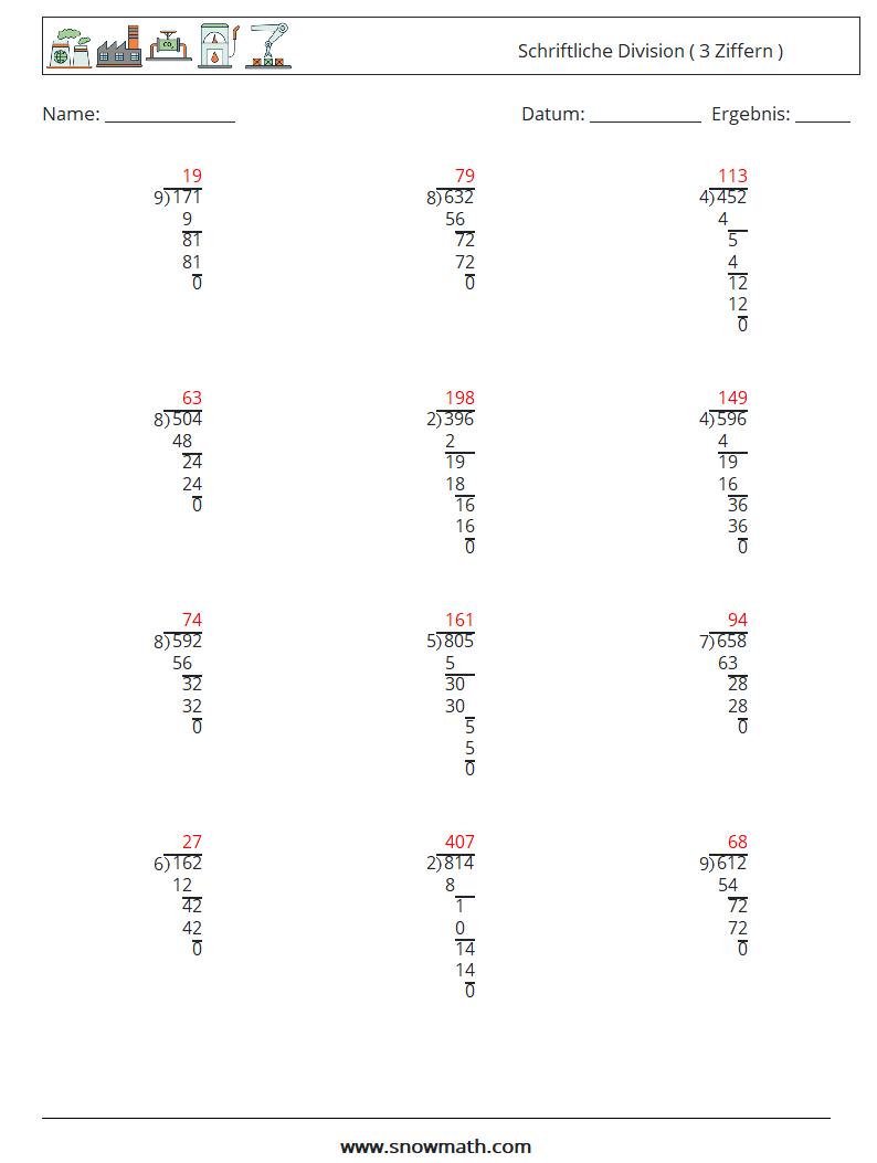 (12) Schriftliche Division ( 3 Ziffern ) Mathe-Arbeitsblätter 1 Frage, Antwort