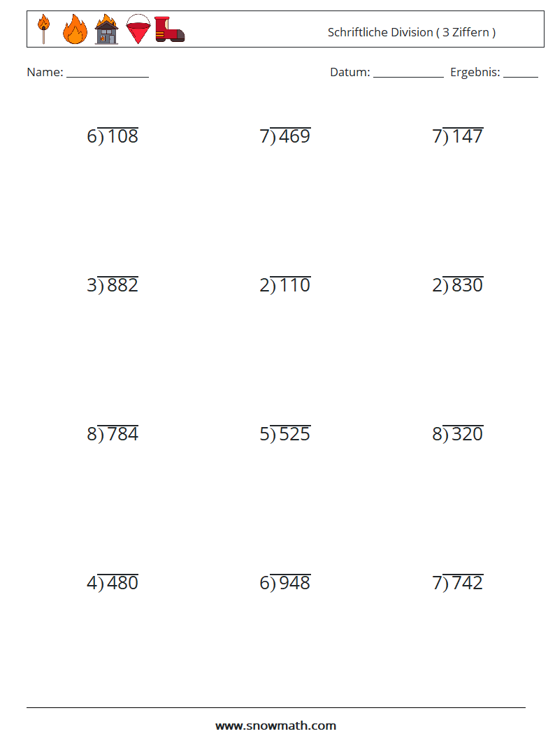 (12) Schriftliche Division ( 3 Ziffern ) Mathe-Arbeitsblätter 2