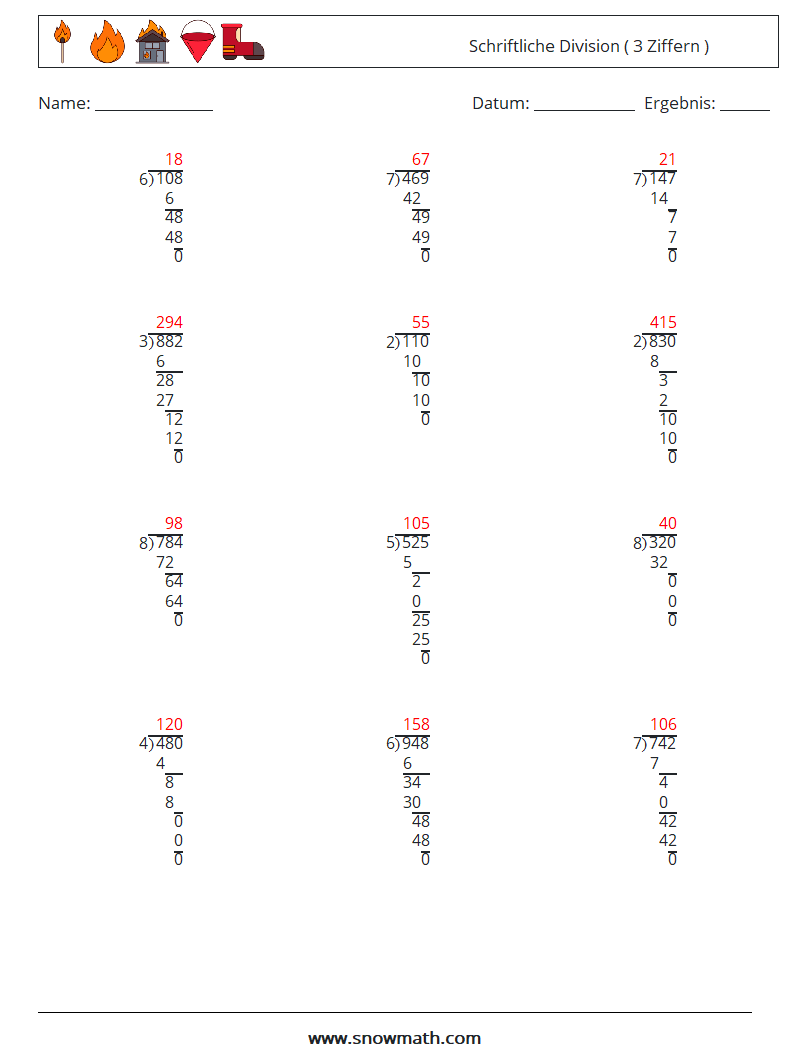 (12) Schriftliche Division ( 3 Ziffern ) Mathe-Arbeitsblätter 2 Frage, Antwort