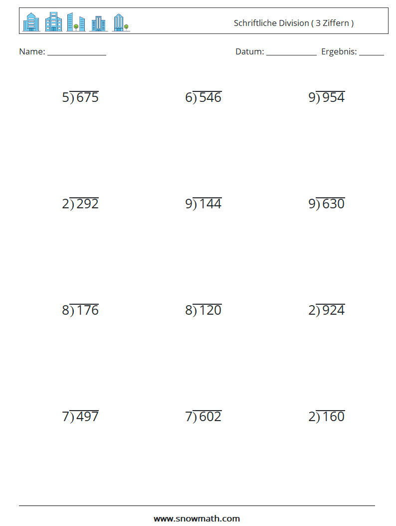 (12) Schriftliche Division ( 3 Ziffern ) Mathe-Arbeitsblätter 3