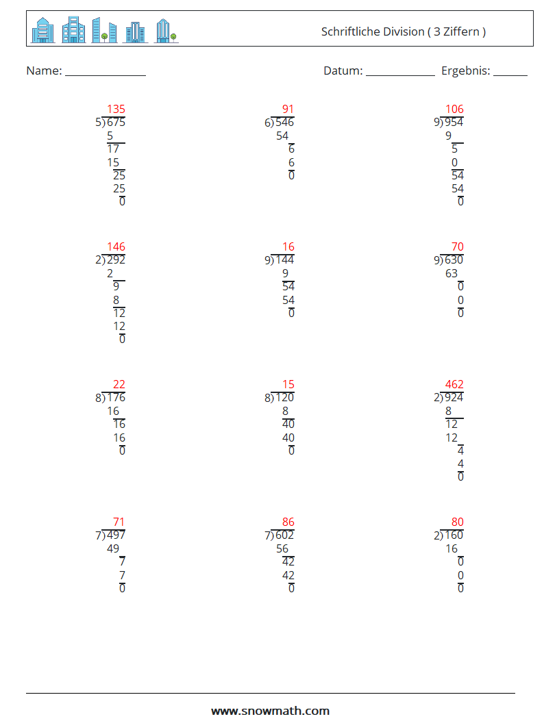 (12) Schriftliche Division ( 3 Ziffern ) Mathe-Arbeitsblätter 3 Frage, Antwort