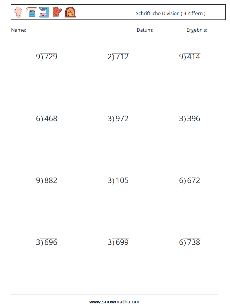 (12) Schriftliche Division ( 3 Ziffern ) Mathe-Arbeitsblätter 4