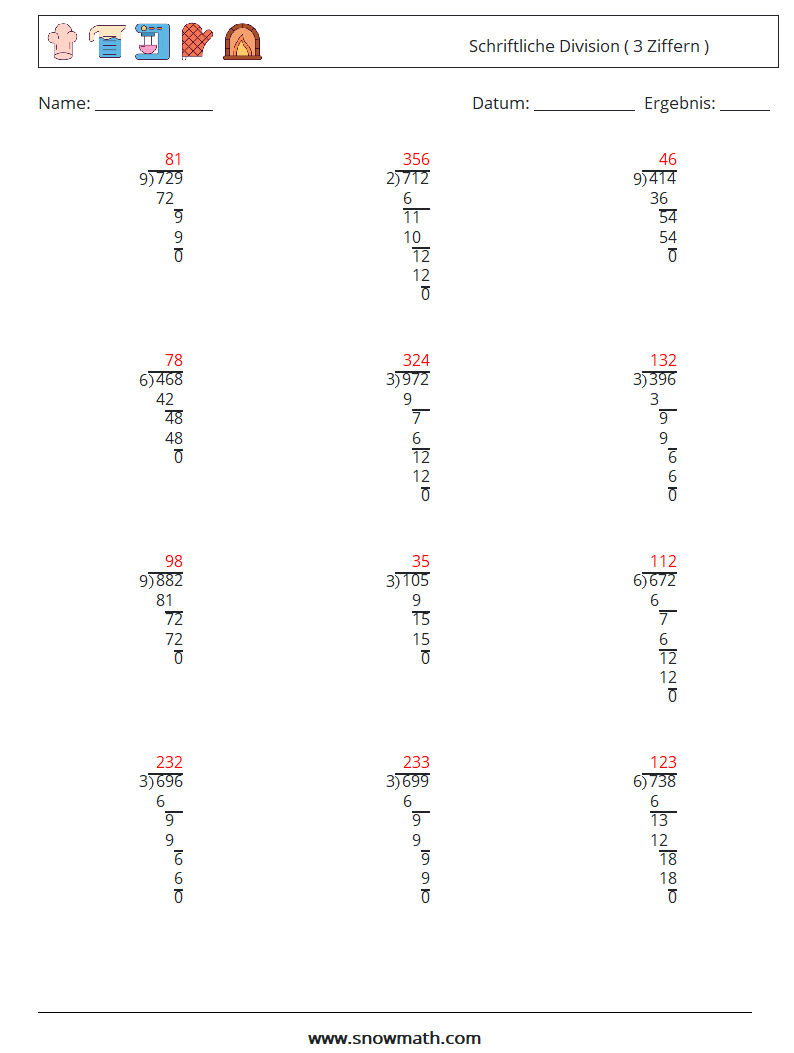 (12) Schriftliche Division ( 3 Ziffern ) Mathe-Arbeitsblätter 4 Frage, Antwort