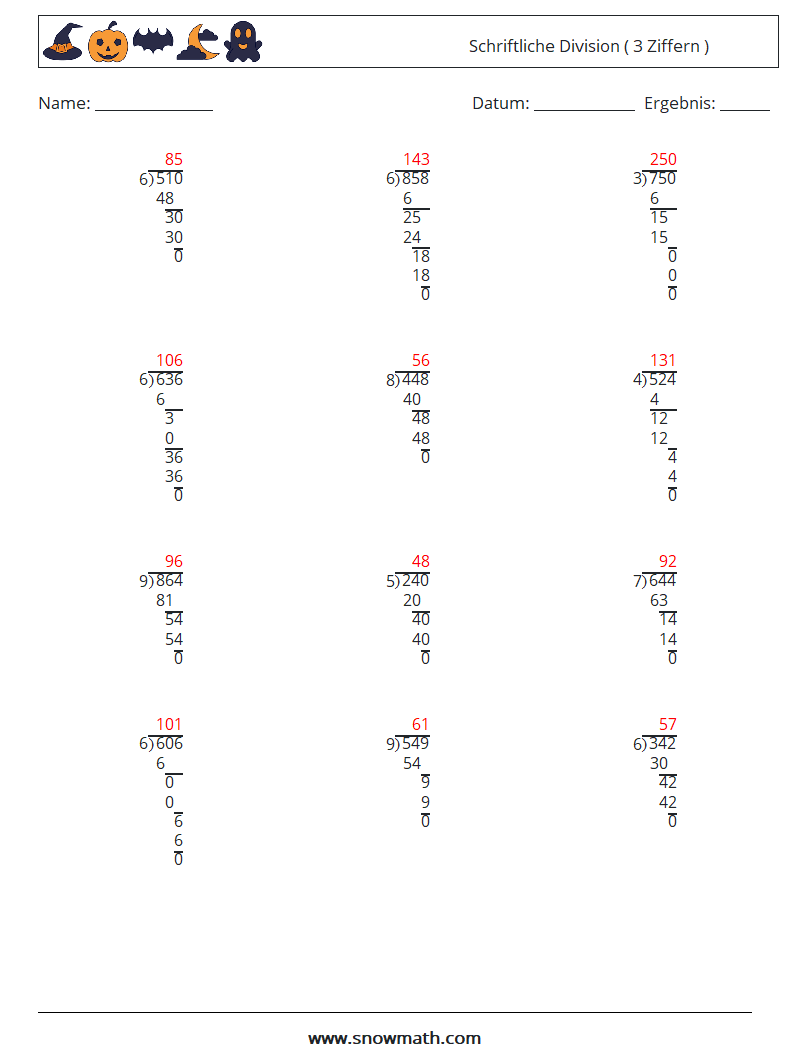 (12) Schriftliche Division ( 3 Ziffern ) Mathe-Arbeitsblätter 5 Frage, Antwort