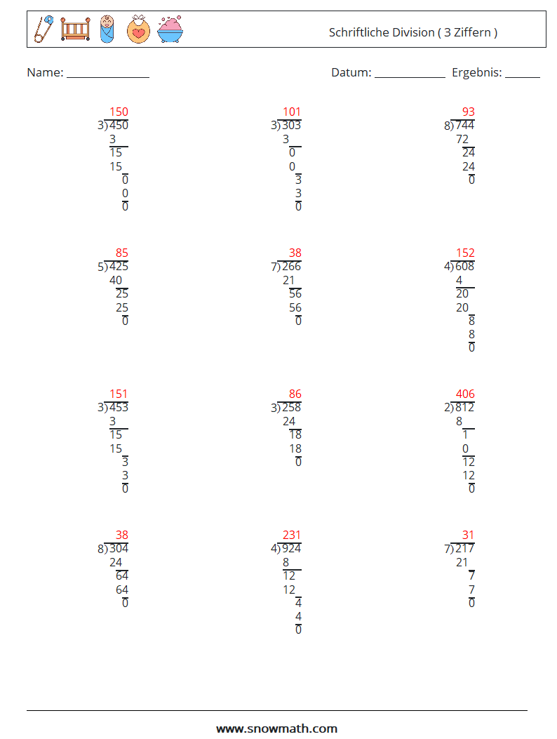 (12) Schriftliche Division ( 3 Ziffern ) Mathe-Arbeitsblätter 6 Frage, Antwort