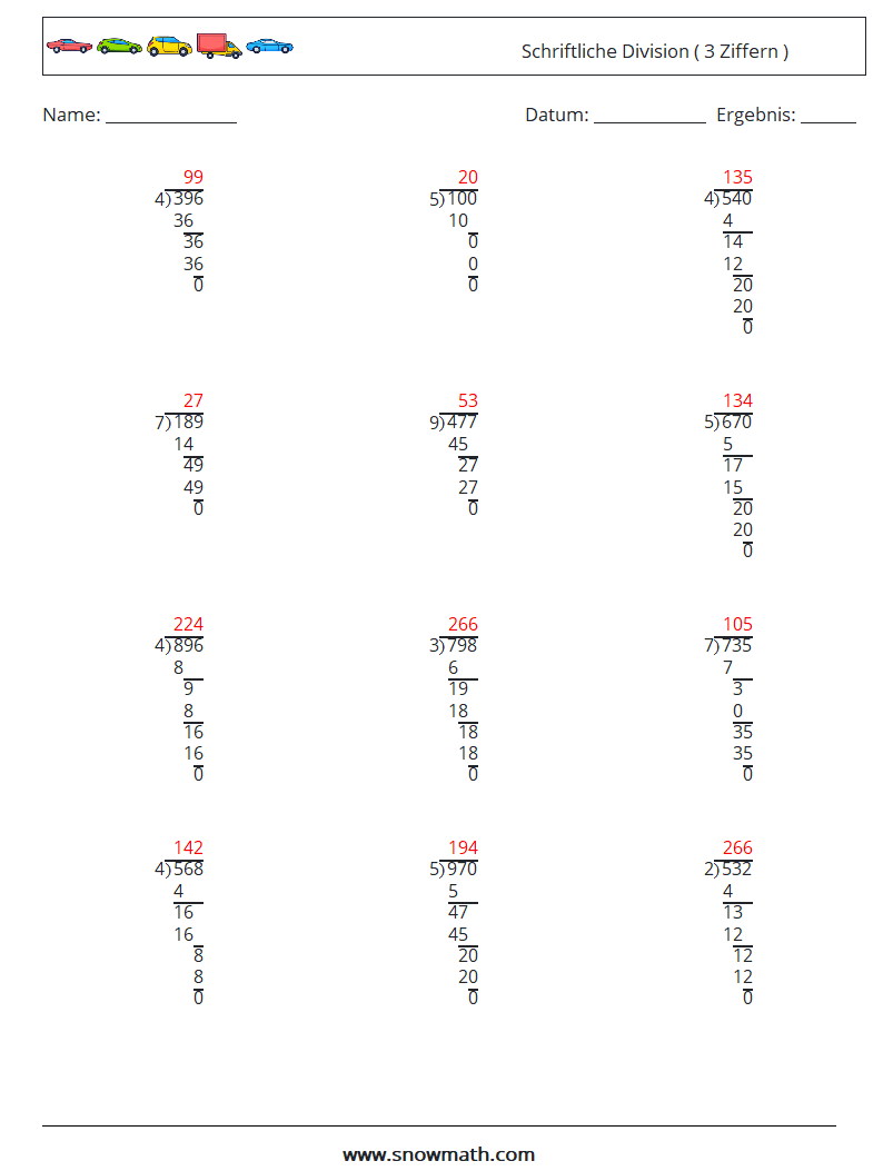 (12) Schriftliche Division ( 3 Ziffern ) Mathe-Arbeitsblätter 8 Frage, Antwort