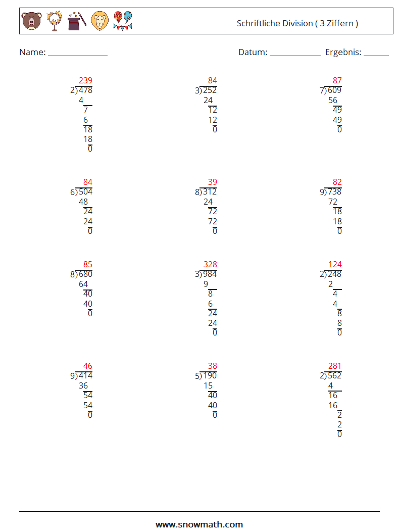 (12) Schriftliche Division ( 3 Ziffern ) Mathe-Arbeitsblätter 9 Frage, Antwort