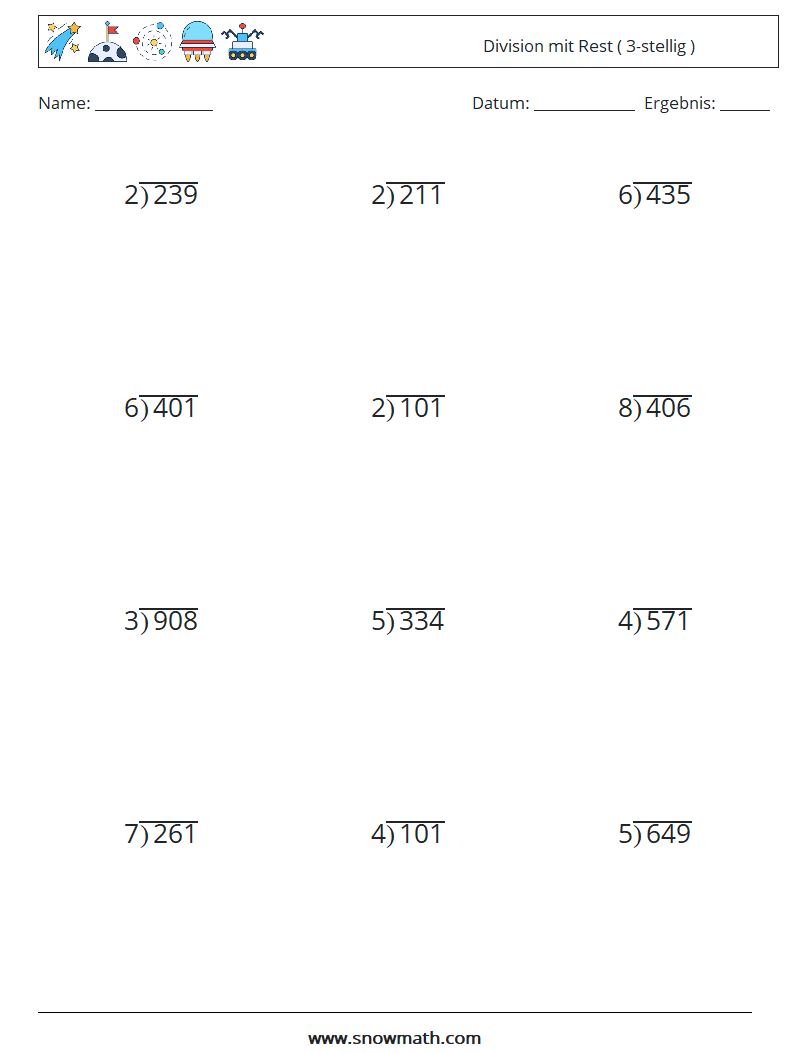 (12) Division mit Rest ( 3-stellig ) Mathe-Arbeitsblätter 1