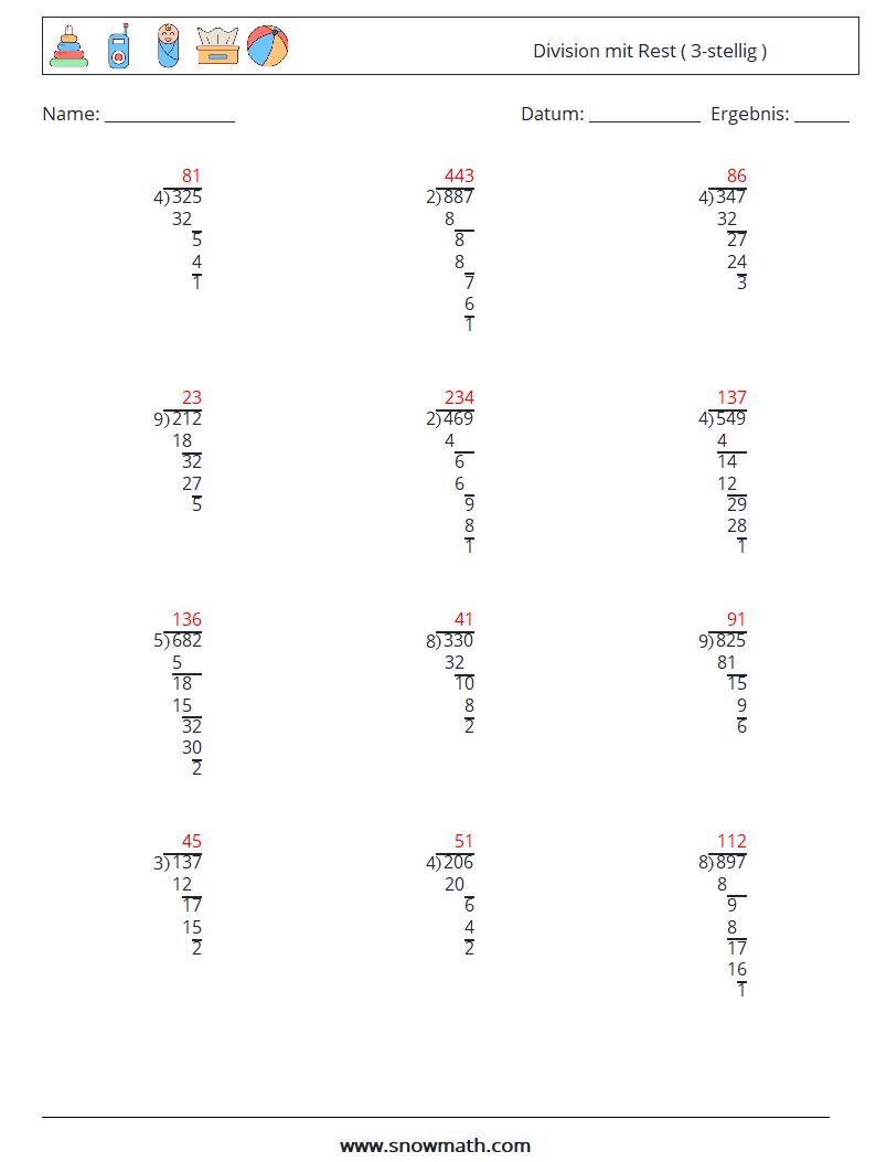 (12) Division mit Rest ( 3-stellig ) Mathe-Arbeitsblätter 13 Frage, Antwort