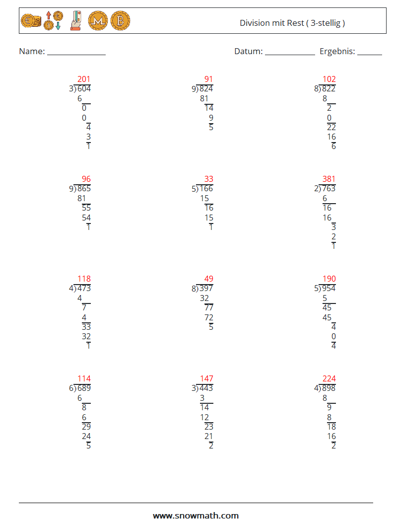 (12) Division mit Rest ( 3-stellig ) Mathe-Arbeitsblätter 14 Frage, Antwort