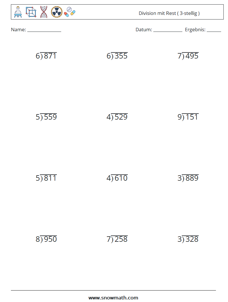 (12) Division mit Rest ( 3-stellig ) Mathe-Arbeitsblätter 15