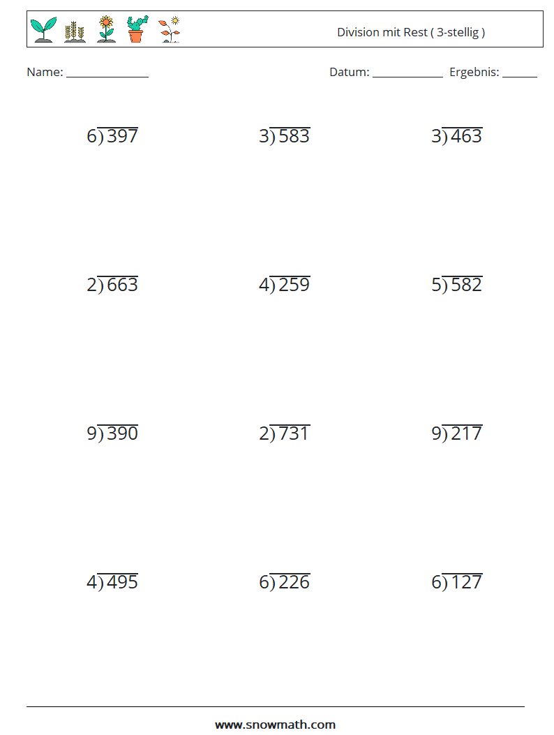 (12) Division mit Rest ( 3-stellig ) Mathe-Arbeitsblätter 16