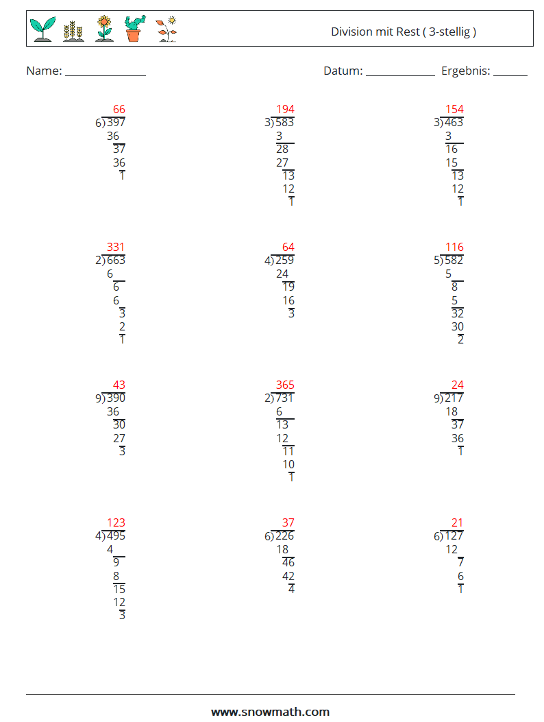 (12) Division mit Rest ( 3-stellig ) Mathe-Arbeitsblätter 16 Frage, Antwort