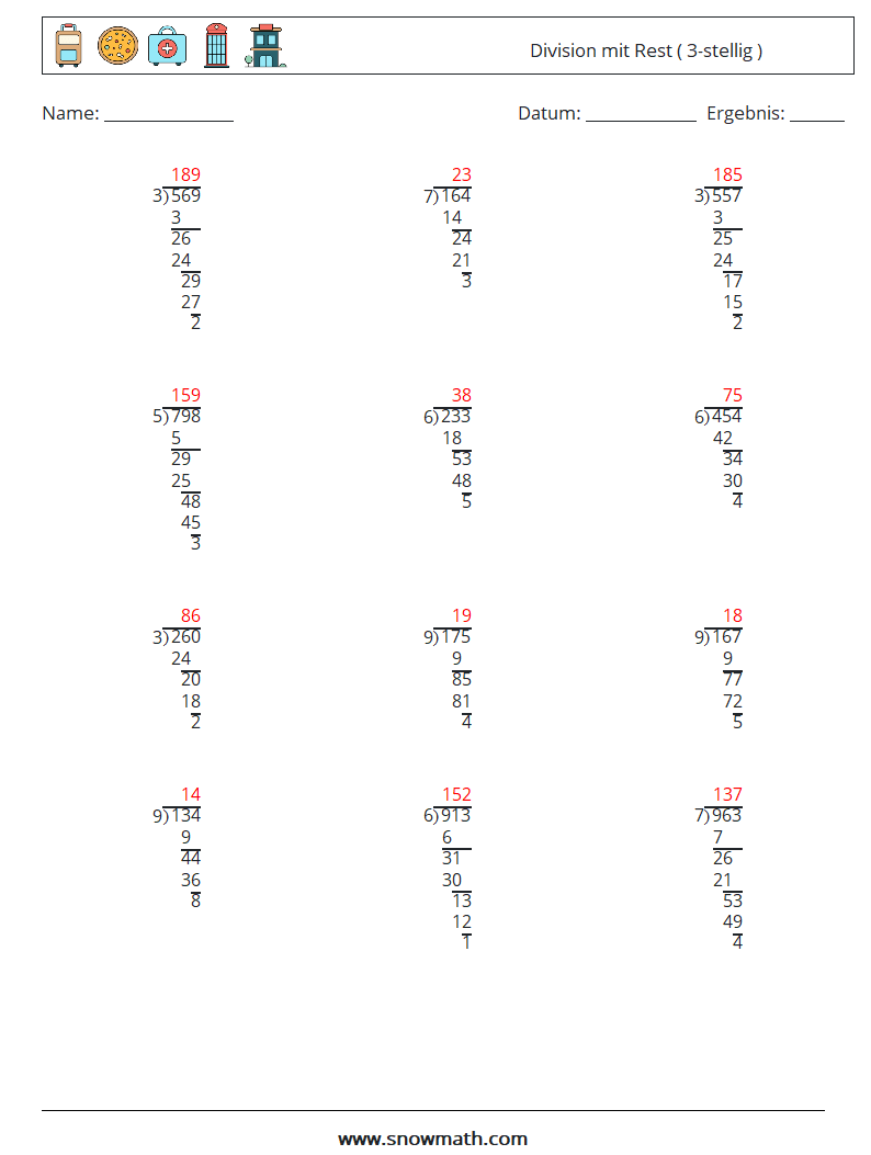 (12) Division mit Rest ( 3-stellig ) Mathe-Arbeitsblätter 17 Frage, Antwort