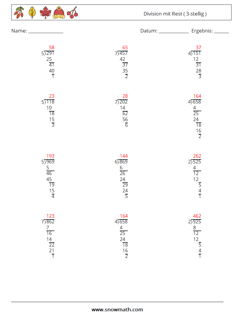 (12) Division mit Rest ( 3-stellig ) Mathe-Arbeitsblätter 18 Frage, Antwort