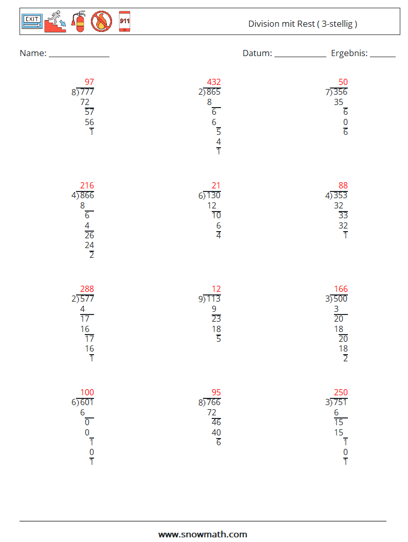 (12) Division mit Rest ( 3-stellig ) Mathe-Arbeitsblätter 3 Frage, Antwort