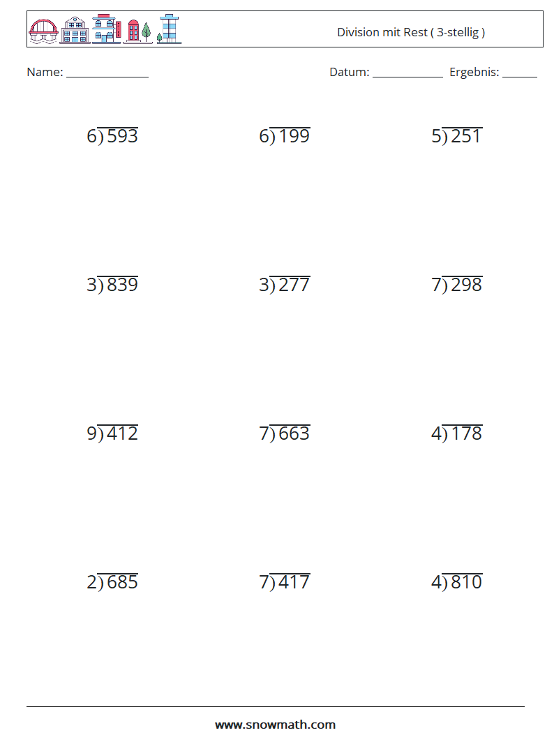 (12) Division mit Rest ( 3-stellig ) Mathe-Arbeitsblätter 4