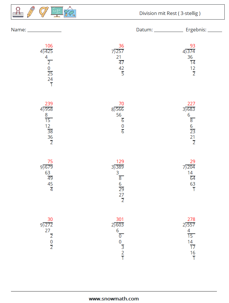 (12) Division mit Rest ( 3-stellig ) Mathe-Arbeitsblätter 5 Frage, Antwort