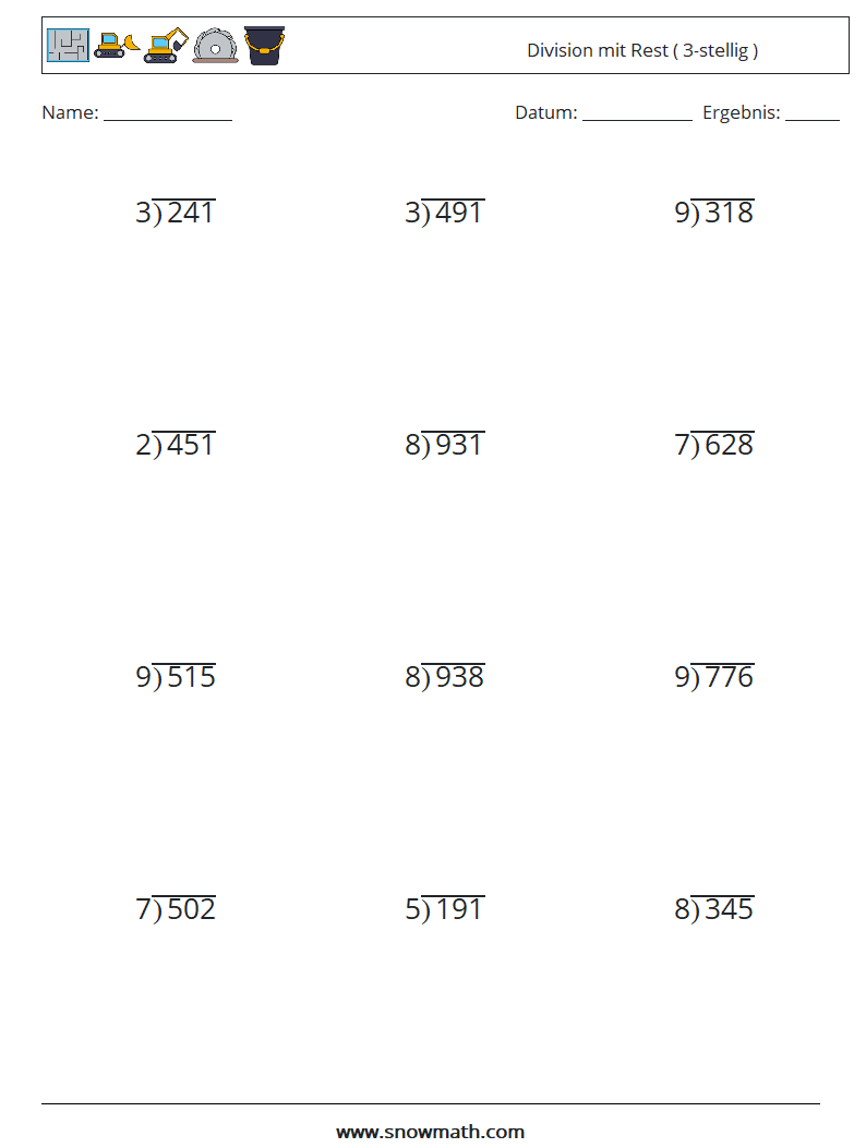 (12) Division mit Rest ( 3-stellig ) Mathe-Arbeitsblätter 6