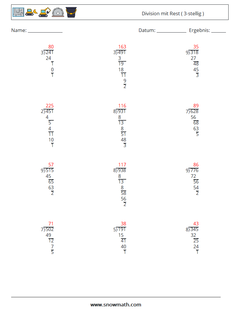 (12) Division mit Rest ( 3-stellig ) Mathe-Arbeitsblätter 6 Frage, Antwort