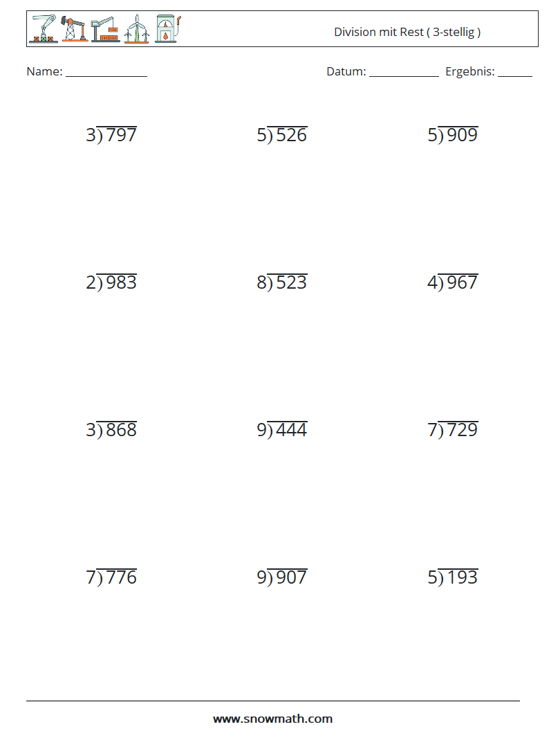 (12) Division mit Rest ( 3-stellig ) Mathe-Arbeitsblätter 7