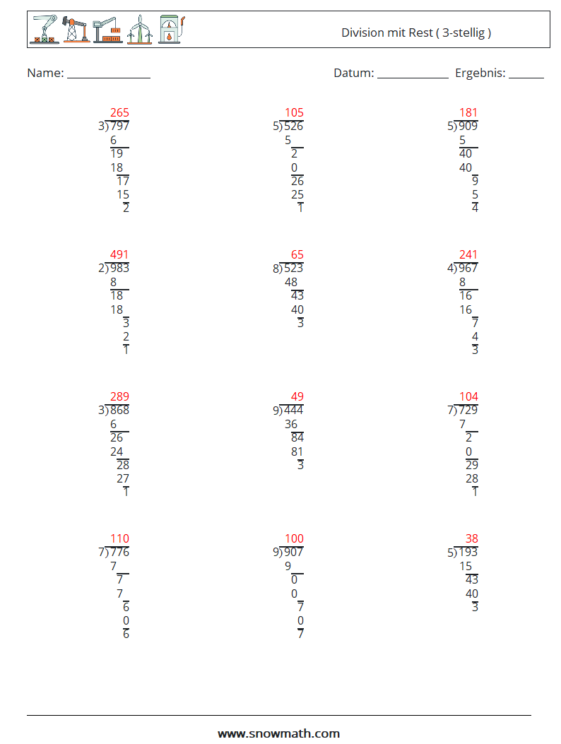 (12) Division mit Rest ( 3-stellig ) Mathe-Arbeitsblätter 7 Frage, Antwort