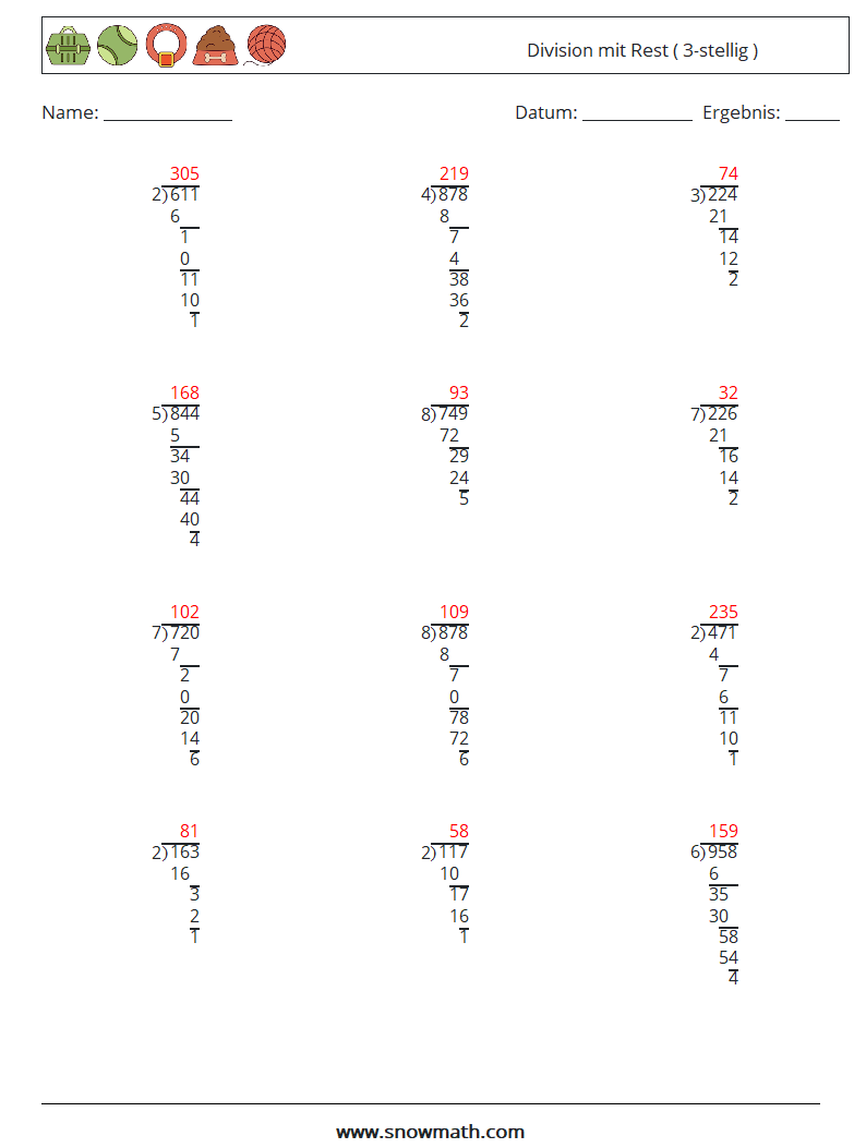 (12) Division mit Rest ( 3-stellig ) Mathe-Arbeitsblätter 8 Frage, Antwort