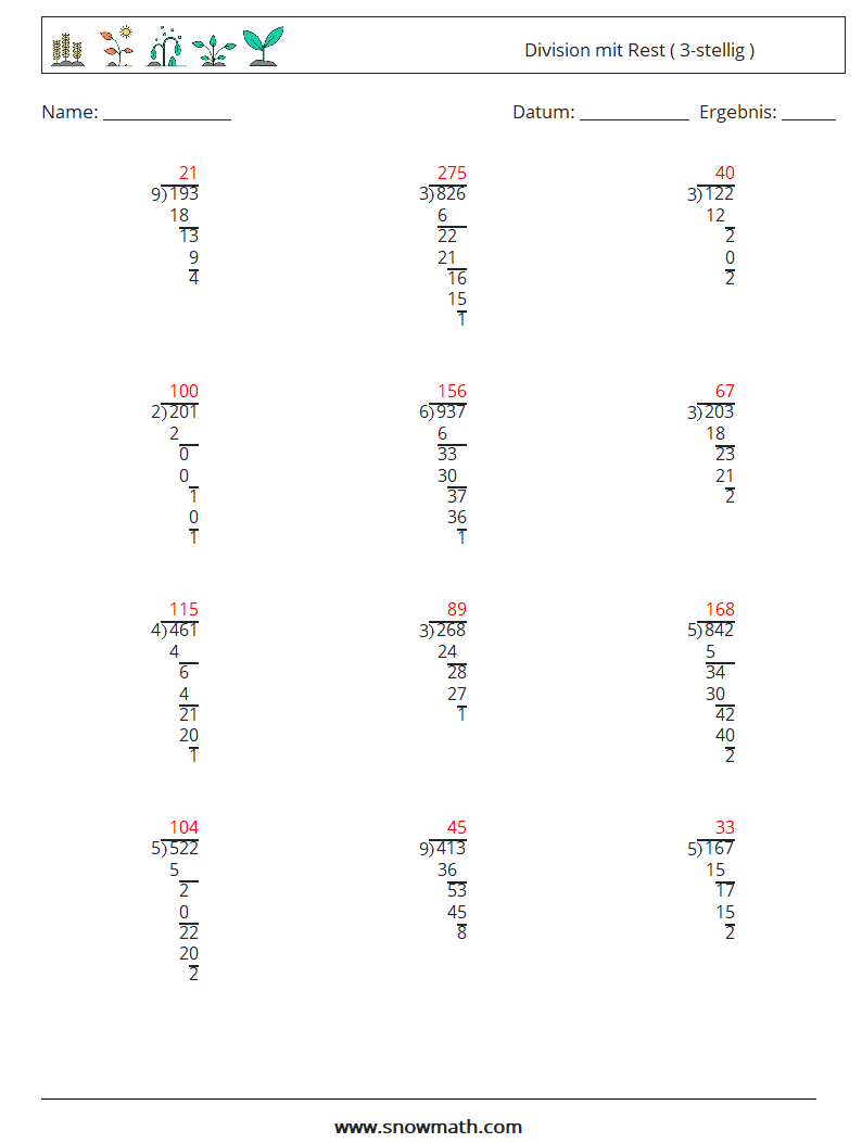 (12) Division mit Rest ( 3-stellig ) Mathe-Arbeitsblätter 9 Frage, Antwort