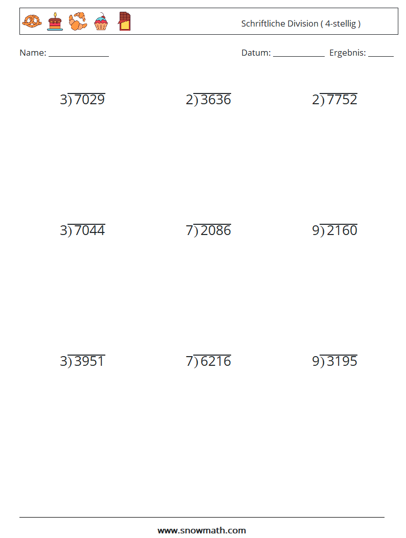 (9) Schriftliche Division ( 4-stellig ) Mathe-Arbeitsblätter 1