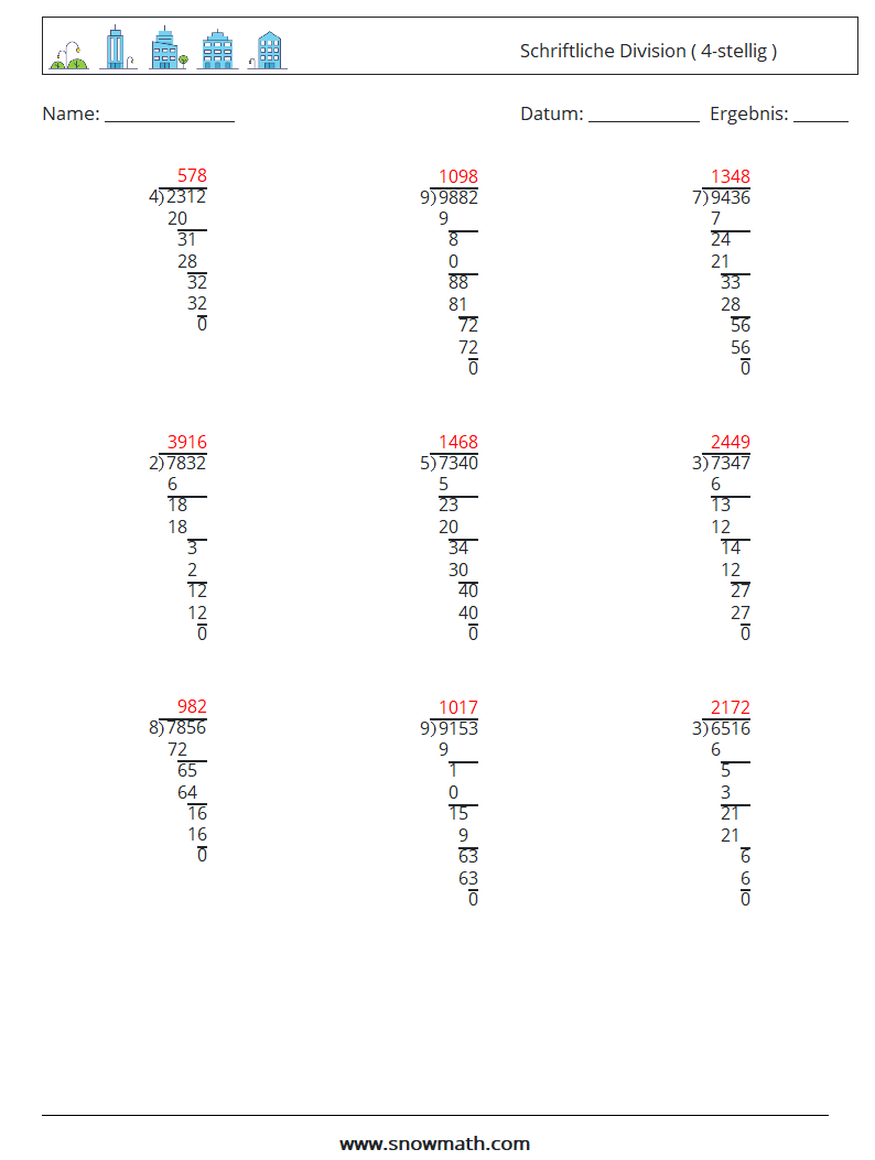 (9) Schriftliche Division ( 4-stellig ) Mathe-Arbeitsblätter 10 Frage, Antwort