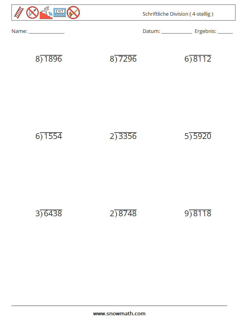 (9) Schriftliche Division ( 4-stellig ) Mathe-Arbeitsblätter 11