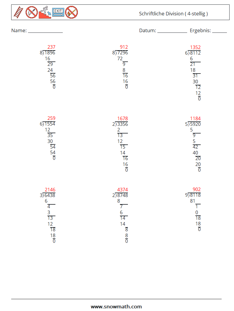 (9) Schriftliche Division ( 4-stellig ) Mathe-Arbeitsblätter 11 Frage, Antwort