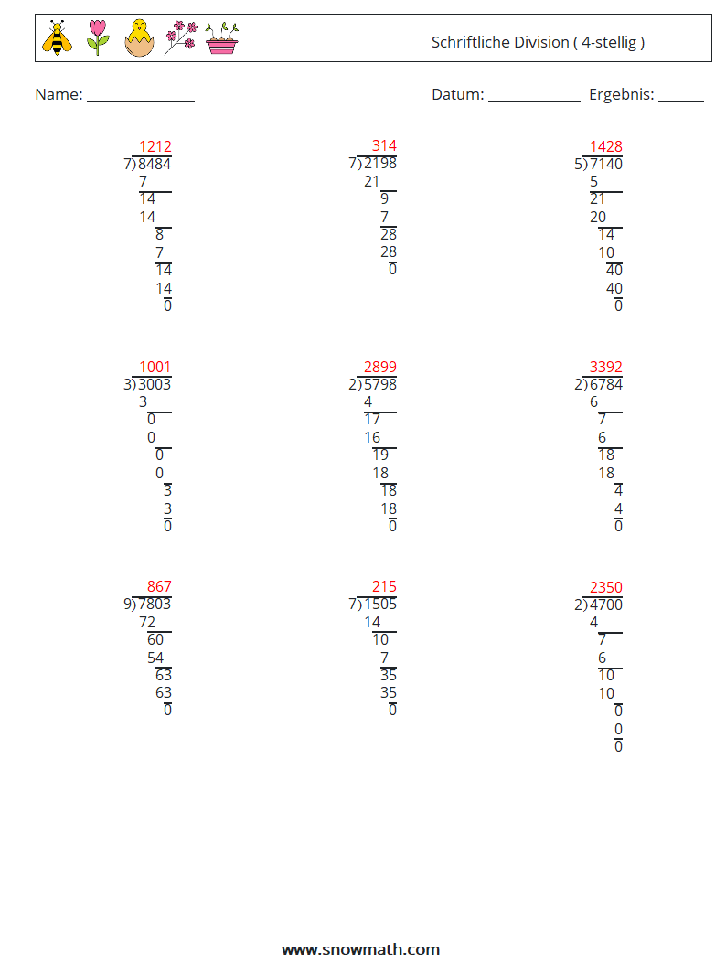 (9) Schriftliche Division ( 4-stellig ) Mathe-Arbeitsblätter 12 Frage, Antwort